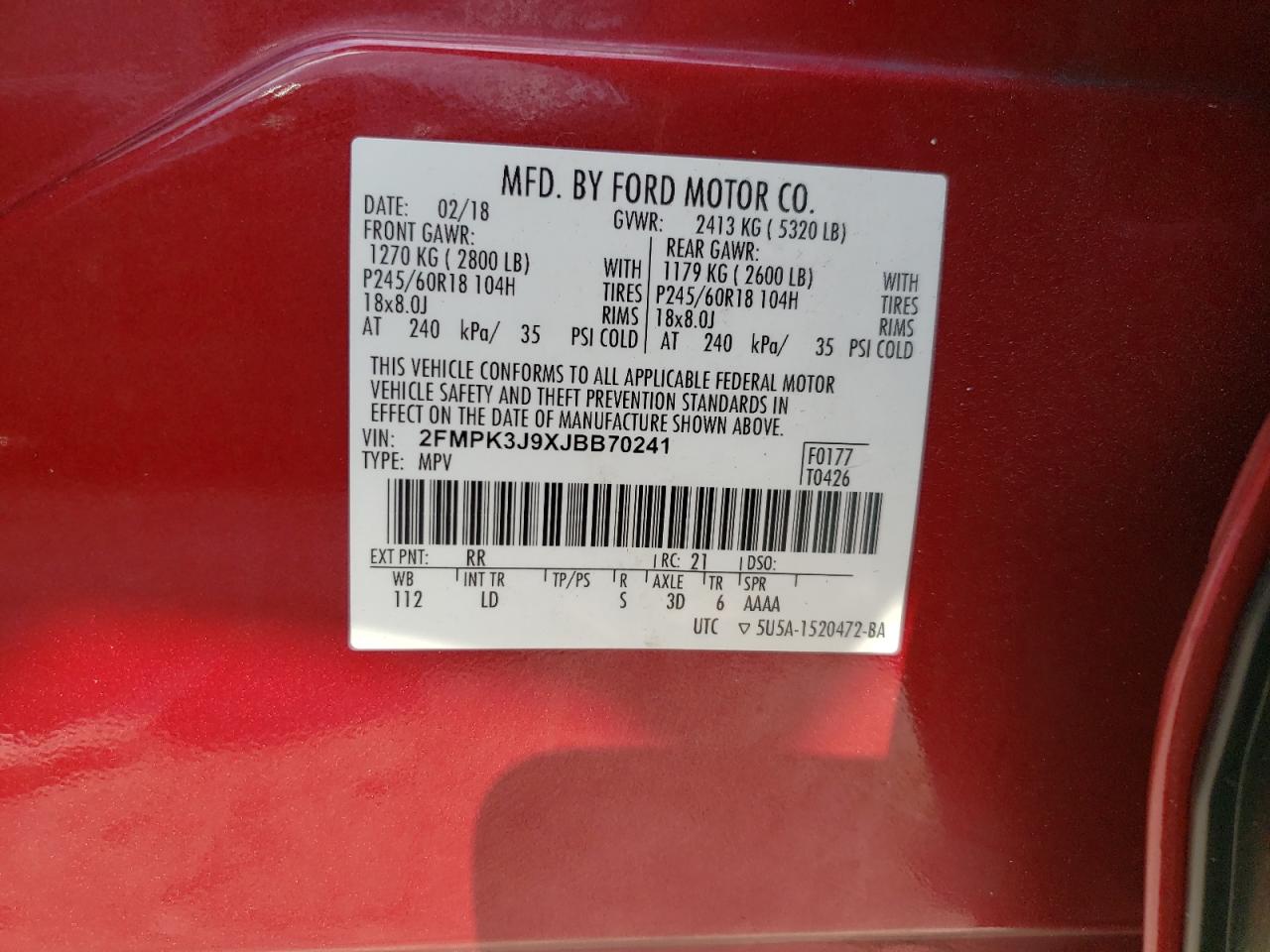 2018 Ford Edge Sel VIN: 2FMPK3J9XJBB70241 Lot: 80280025