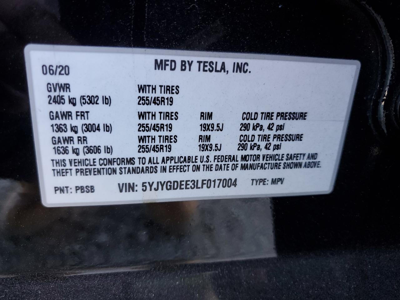2020 Tesla Model Y VIN: 5YJYGDEE3LF017004 Lot: 71695235