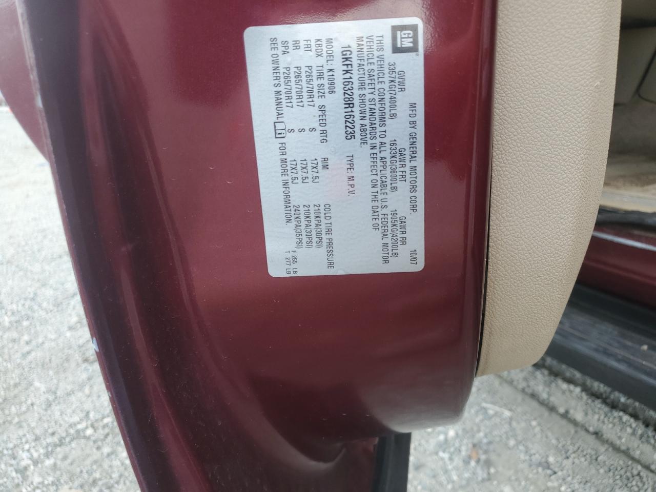 2008 GMC Yukon Xl K1500 VIN: 1GKFK16328R162235 Lot: 82091915