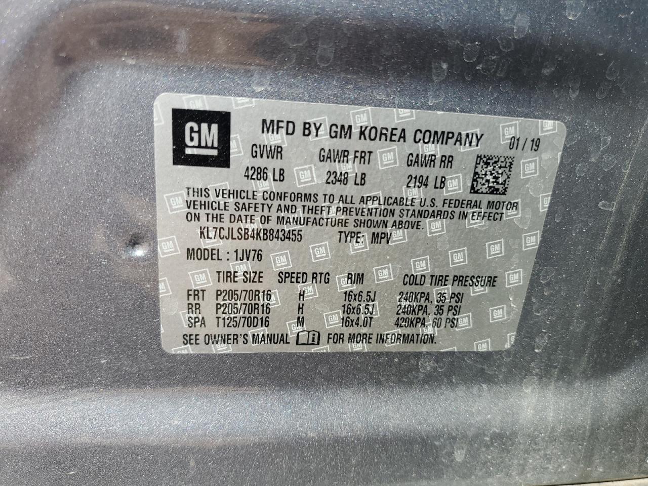 2019 Chevrolet Trax 1Lt VIN: KL7CJLSB4KB843455 Lot: 81662325