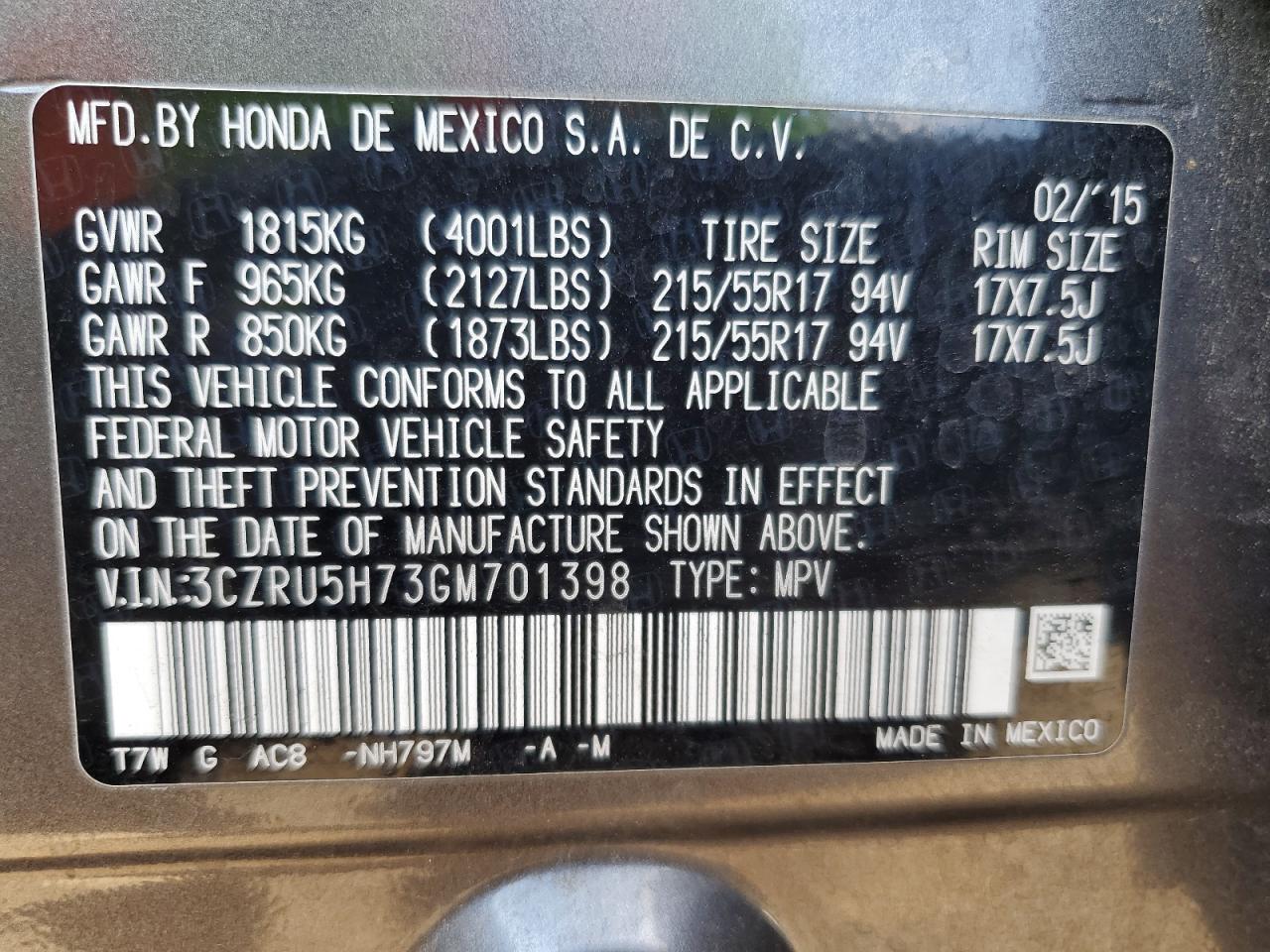 2016 Honda Hr-V Exl VIN: 3CZRU5H73GM701398 Lot: 81088415