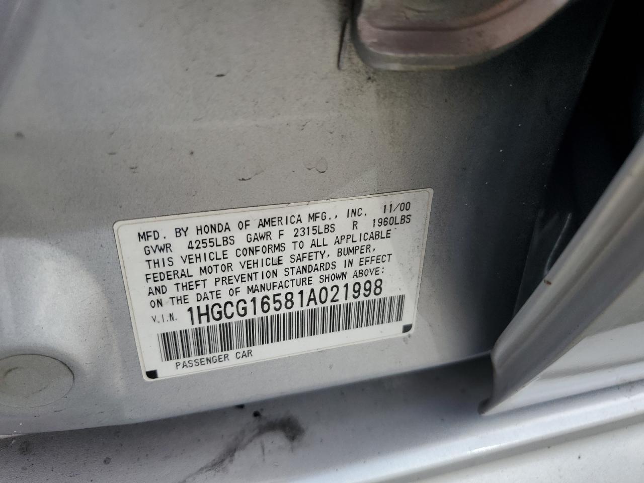 2001 Honda Accord Ex VIN: 1HGCG16581A021998 Lot: 72025055