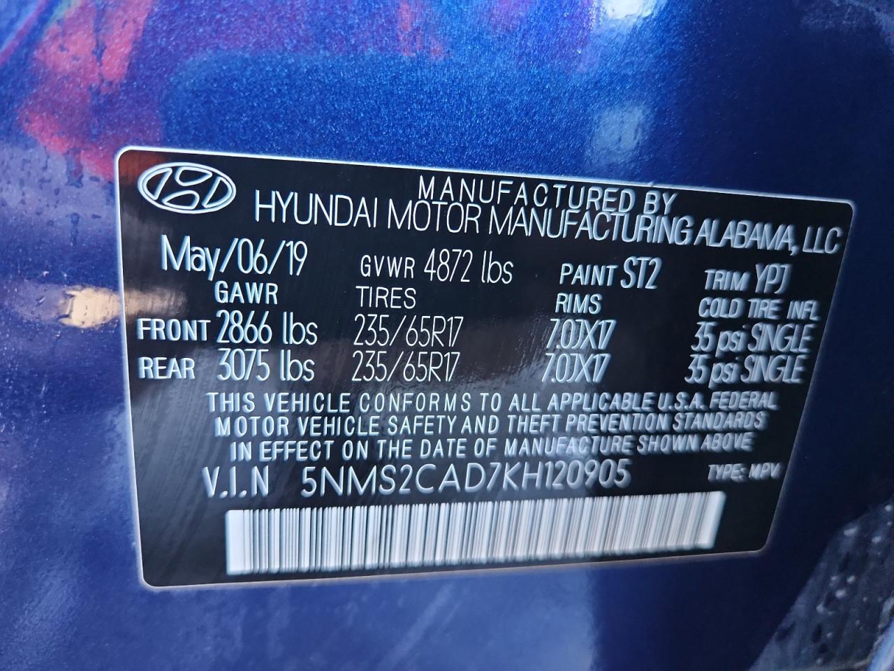 2019 Hyundai Santa Fe Se VIN: 5NMS2CAD7KH120905 Lot: 84202275