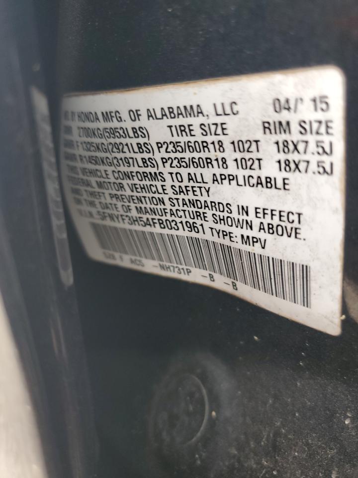 2015 Honda Pilot Exl VIN: 5FNYF3H54FB031961 Lot: 71274395