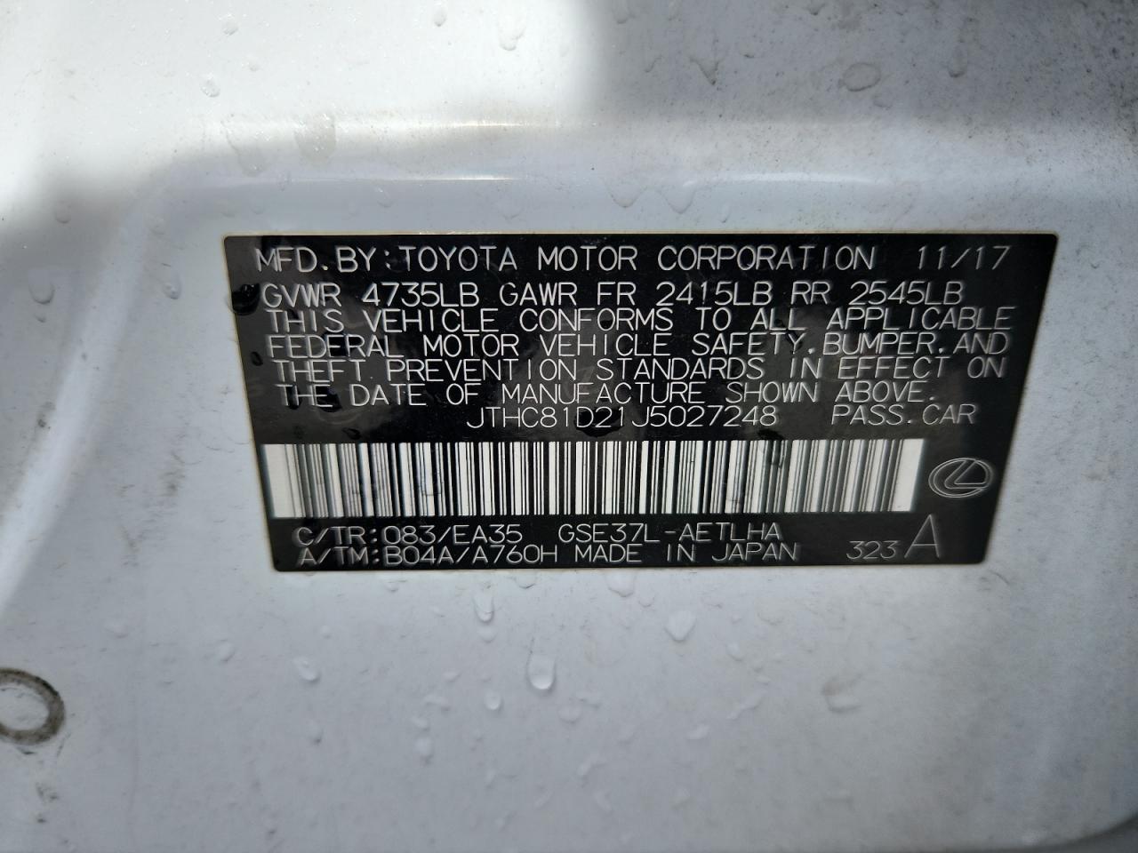 2018 Lexus Is 300 VIN: JTHC81D21J5027248 Lot: 71537605