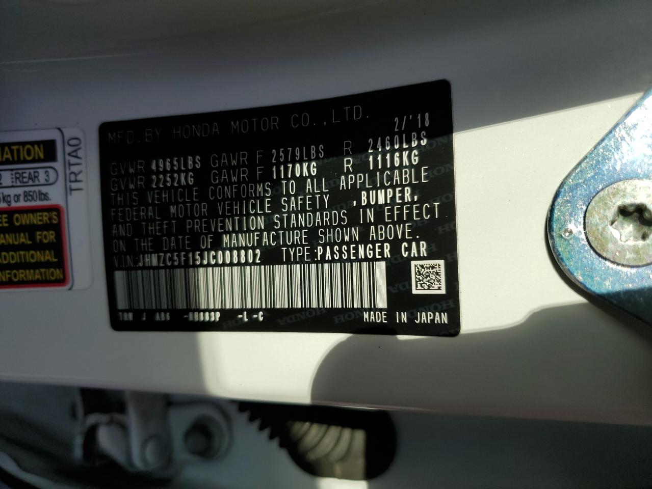 2018 Honda Clarity VIN: JHMZC5F15JC008802 Lot: 83840825