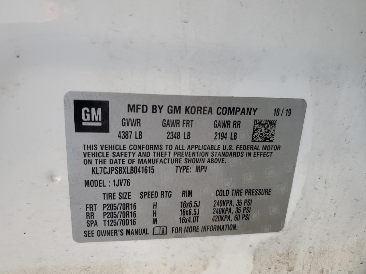 2020 Chevrolet Trax 1Lt VIN: KL7CJPSBXLB041615 Lot: 71228255