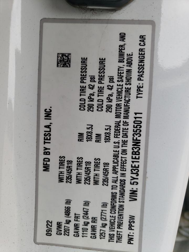 2022 Tesla Model 3 VIN: 5YJ3E1EB3NF355011 Lot: 71891355