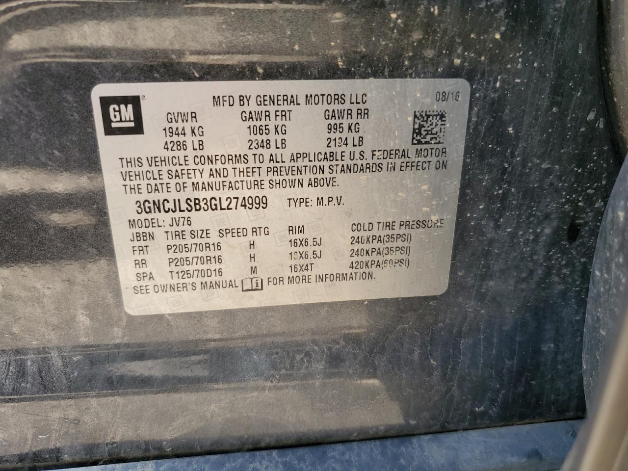 2016 Chevrolet Trax 1Lt VIN: 3GNCJLSB3GL274999 Lot: 81943315