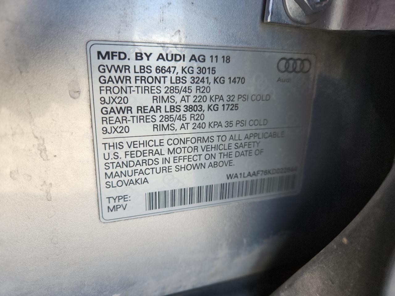 2019 Audi Q7 Premium Plus VIN: WA1LAAF76KD022644 Lot: 81522505