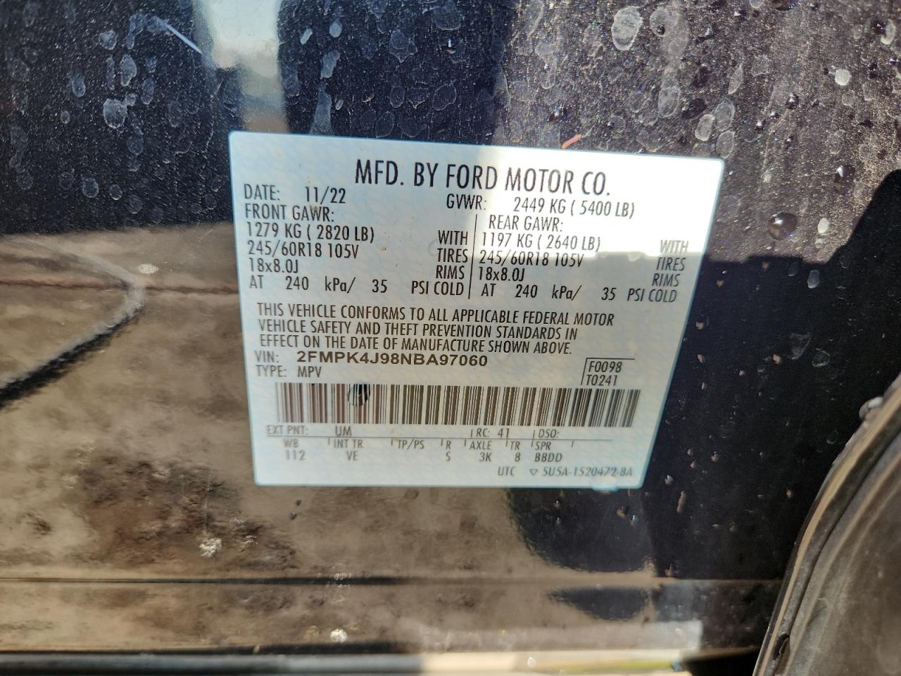 2022 Ford Edge Sel VIN: 2FMPK4J98NBA97060 Lot: 71447345