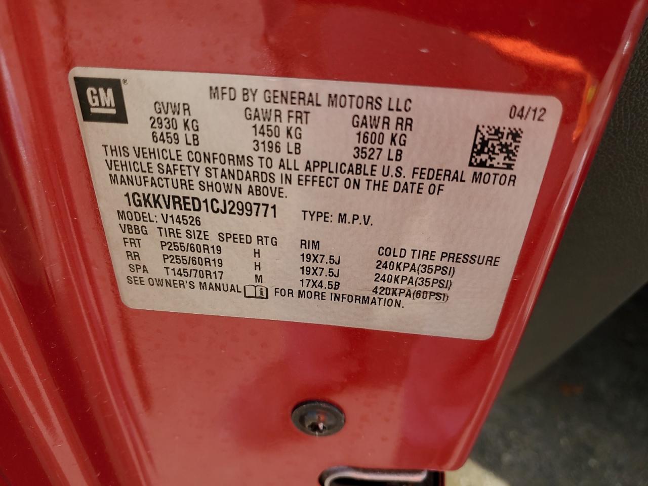 2012 GMC Acadia Slt-1 VIN: 1GKKVRED1CJ299771 Lot: 84181555