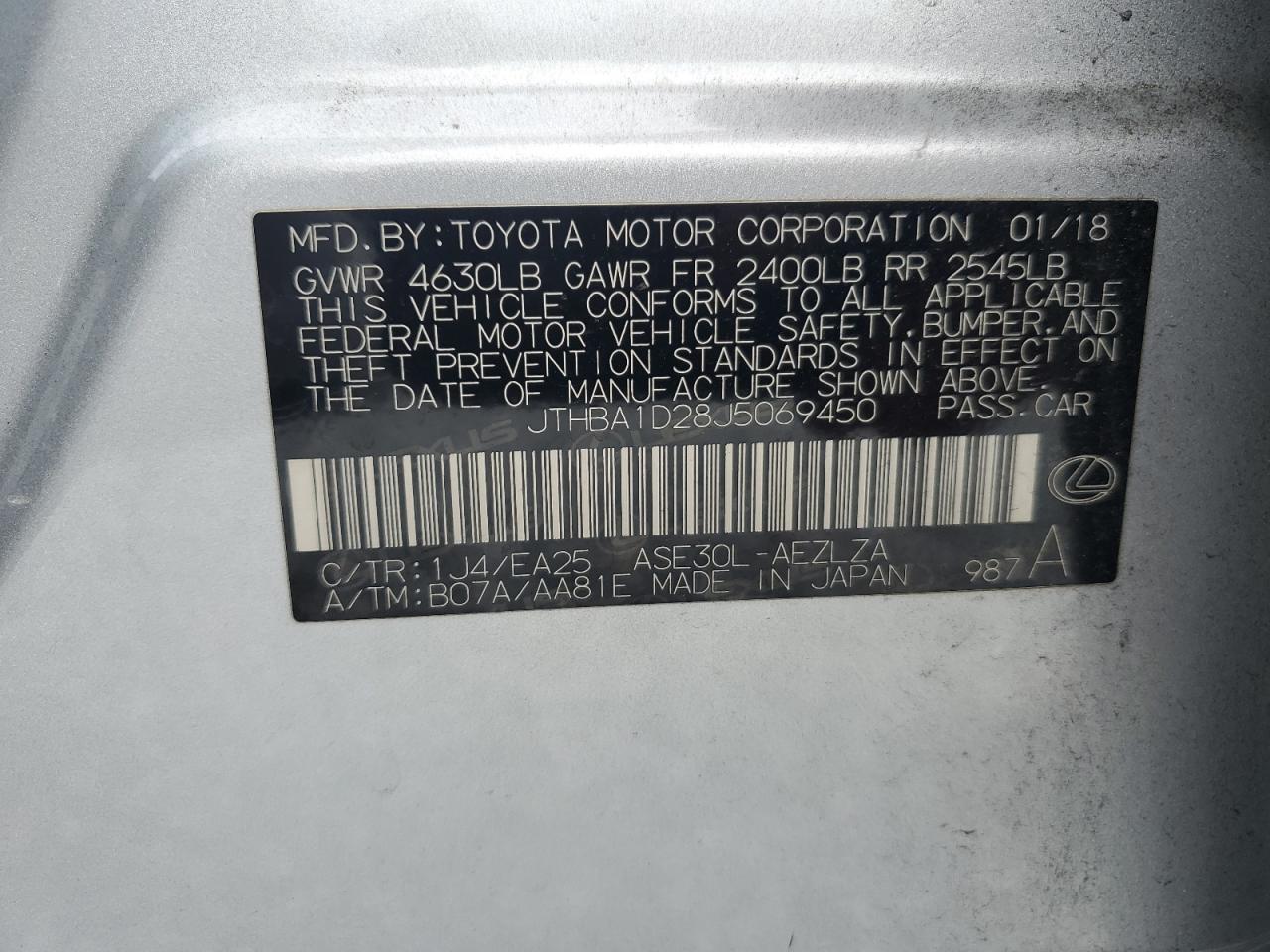 2018 Lexus Is 300 VIN: JTHBA1D28J5069450 Lot: 81246415