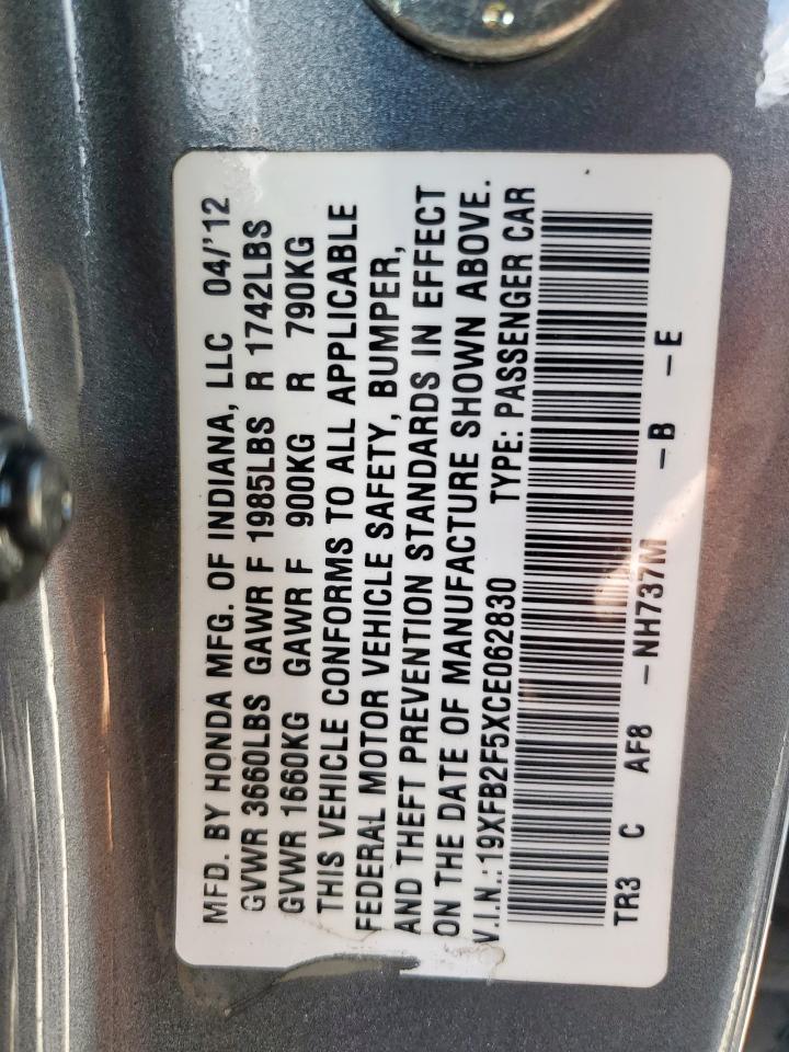 2012 Honda Civic Lx VIN: 19XFB2F5XCE062830 Lot: 84225905