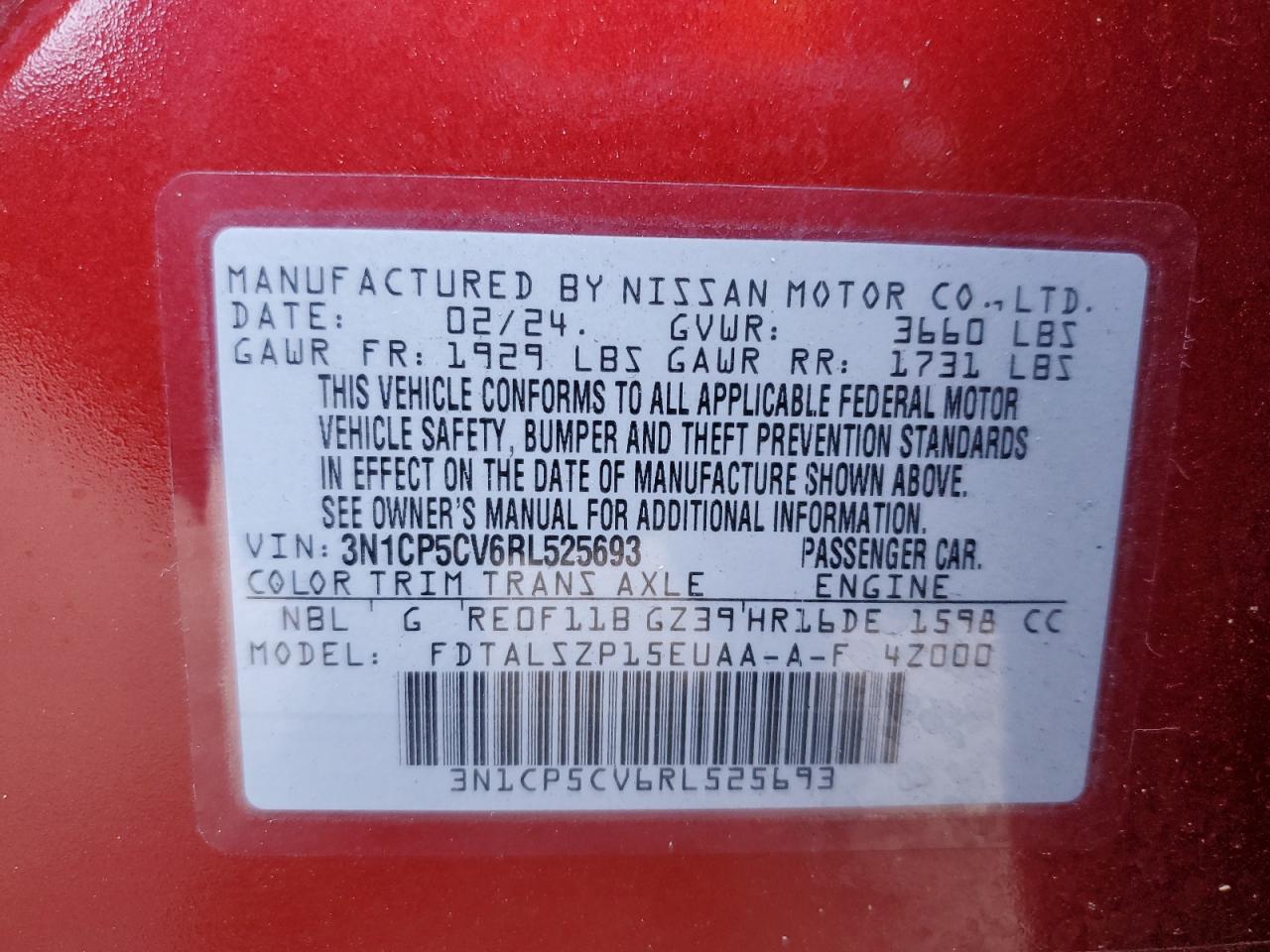 2024 Nissan Kicks Sv VIN: 3N1CP5CV6RL525693 Lot: 80861565