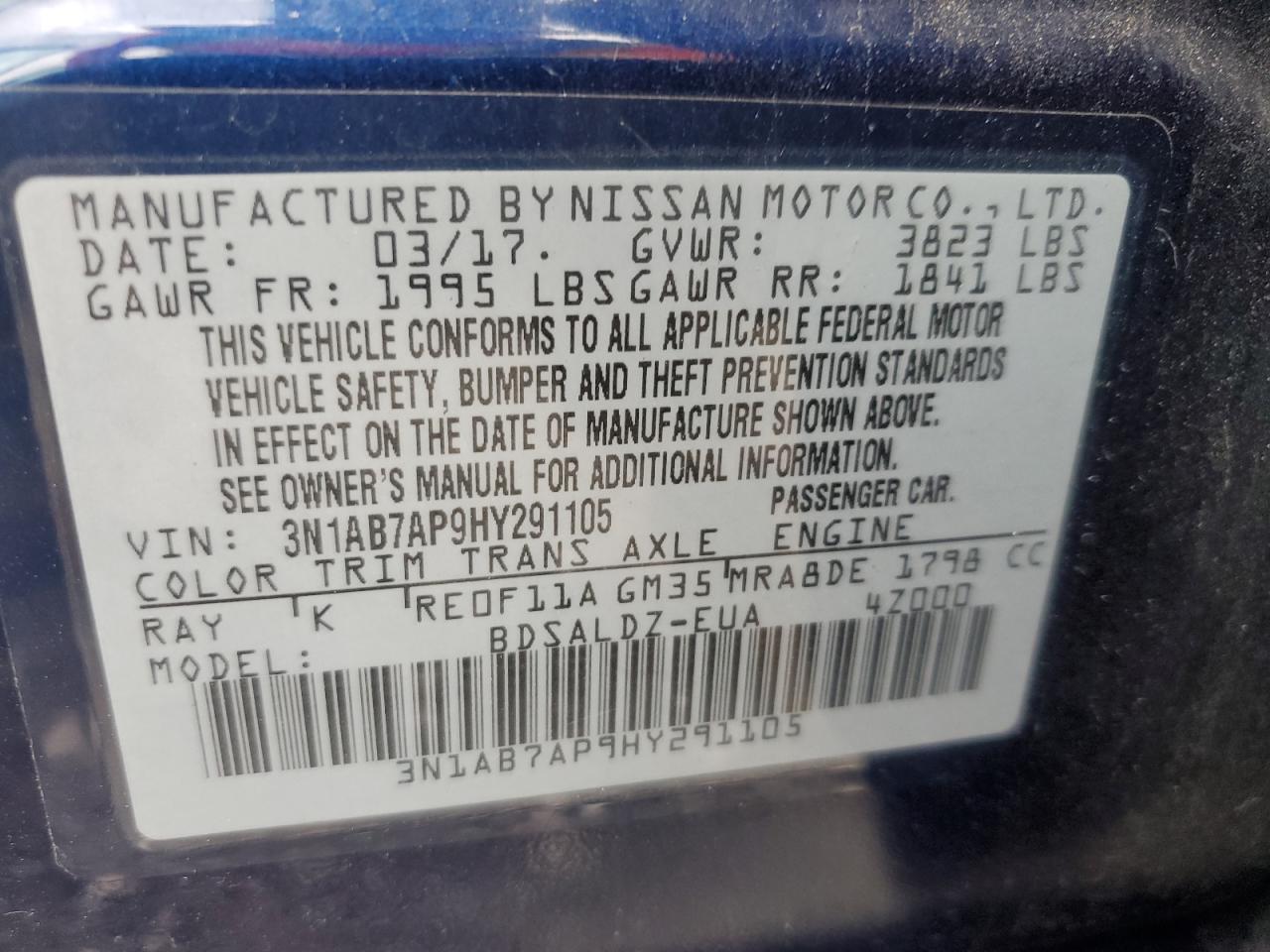 2017 Nissan Sentra S VIN: 3N1AB7AP9HY291105 Lot: 80664495