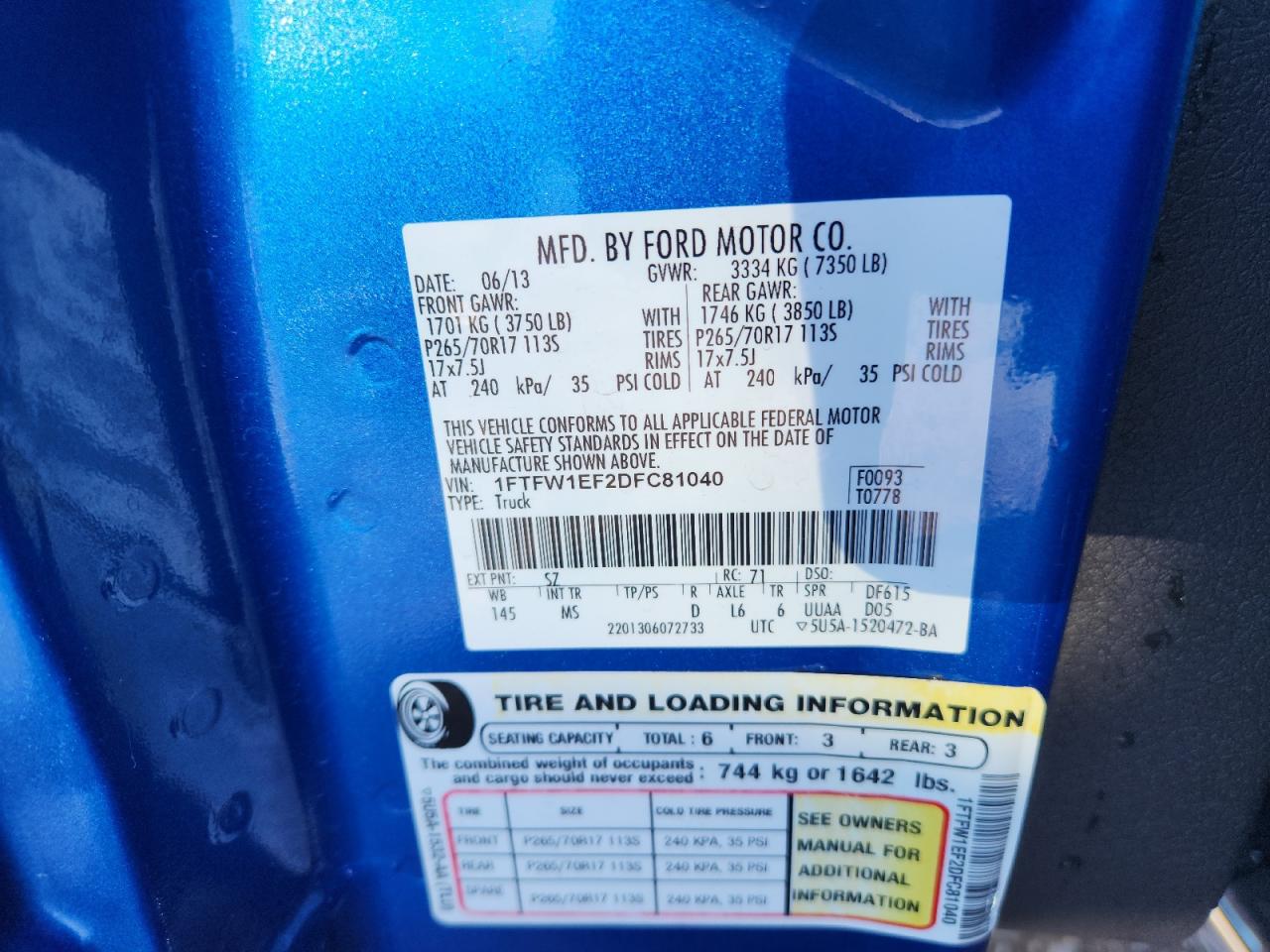 2013 Ford F150 Supercrew VIN: 1FTFW1EF2DFC81040 Lot: 81904405