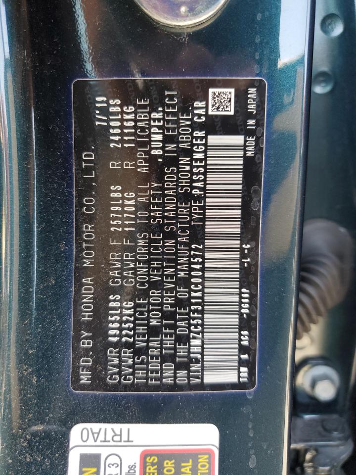 2019 Honda Clarity Touring VIN: JHMZC5F31KC004572 Lot: 80716865