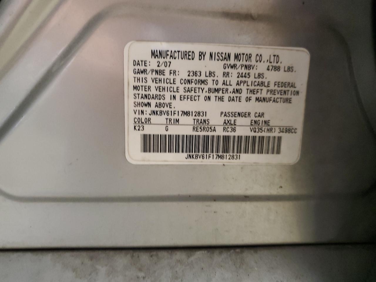 2007 Infiniti G35 VIN: JNKBV61F17M812831 Lot: 80176255