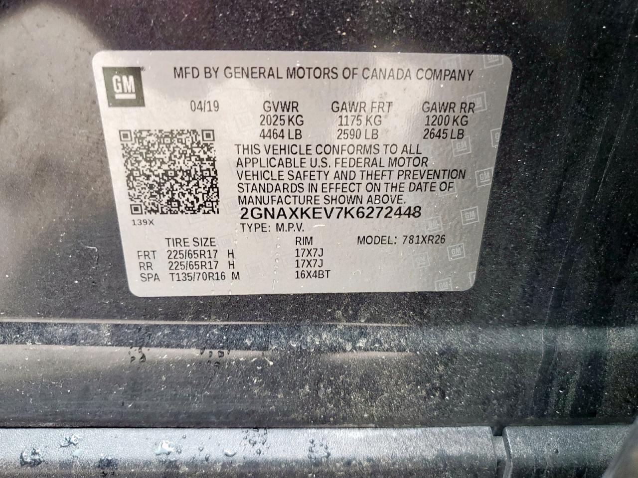 2019 Chevrolet Equinox Lt VIN: 2GNAXKEV7K6272448 Lot: 81733365