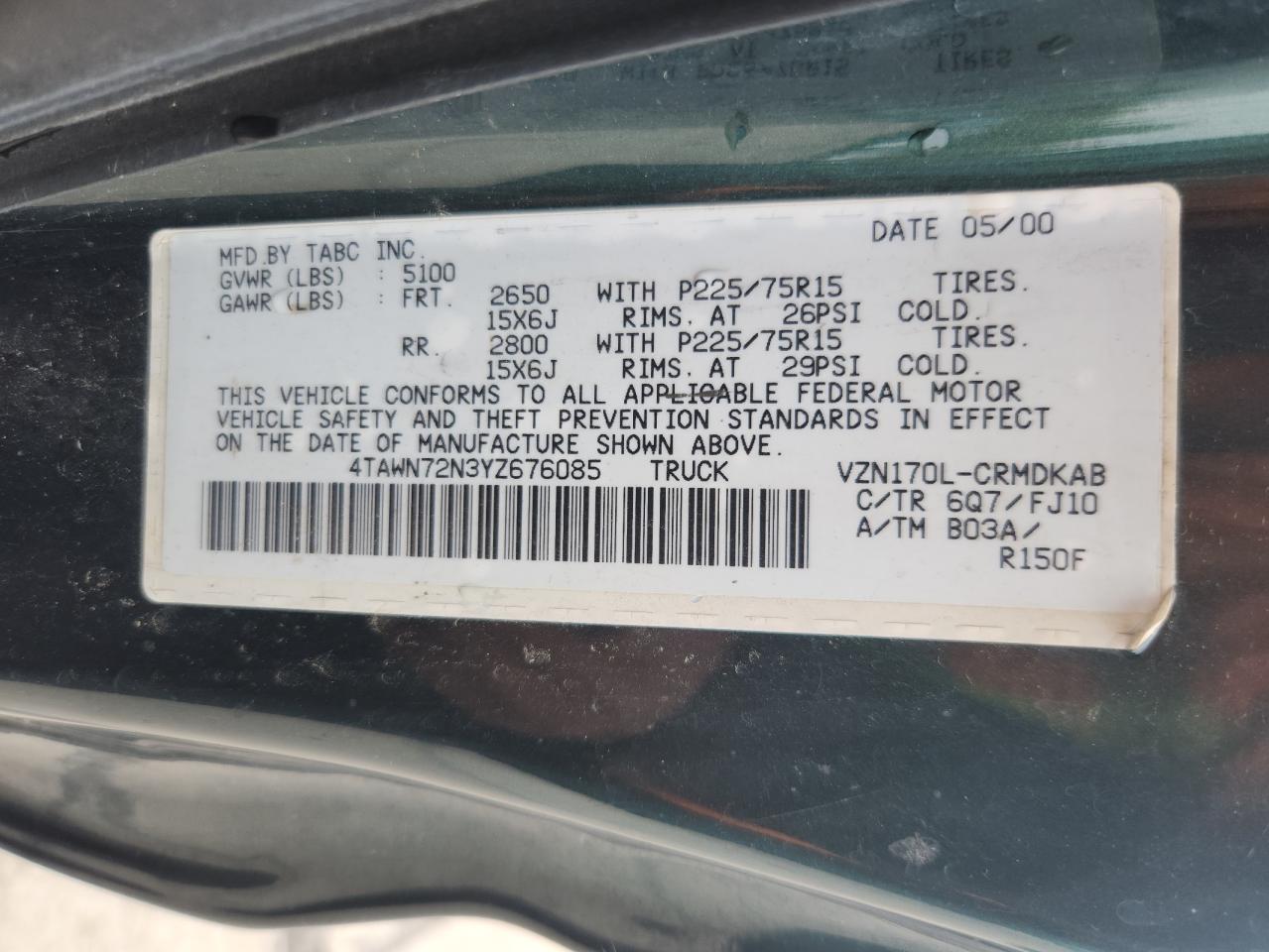 2000 Toyota Tacoma Xtracab VIN: 4TAWN72N3YZ676085 Lot: 81598095