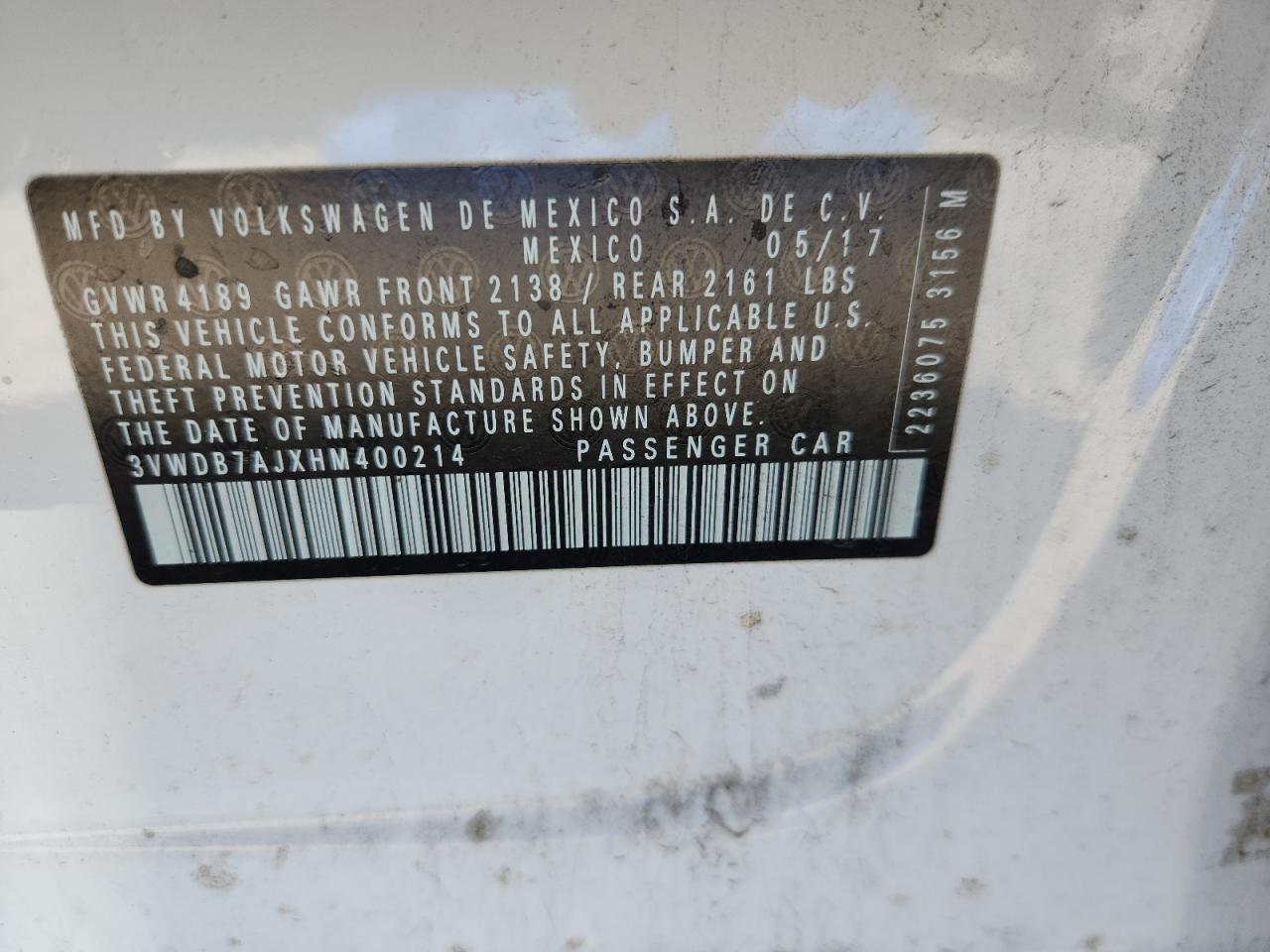 2017 Volkswagen Jetta Se VIN: 3VWDB7AJXHM400214 Lot: 81056755