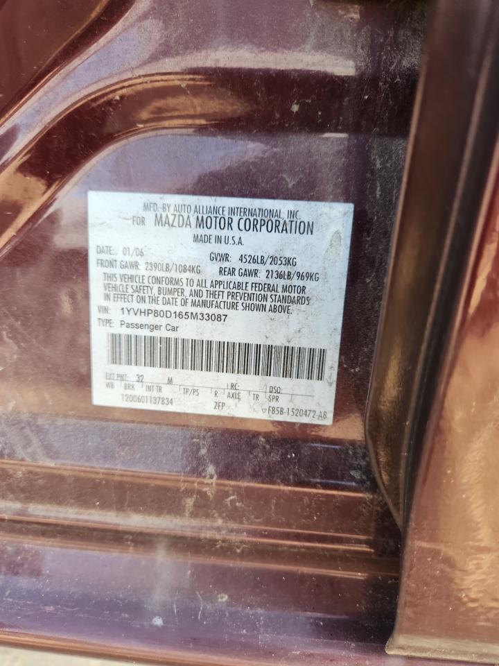 2006 Mazda 6 S VIN: 1YVHP80D165M33087 Lot: 81423915