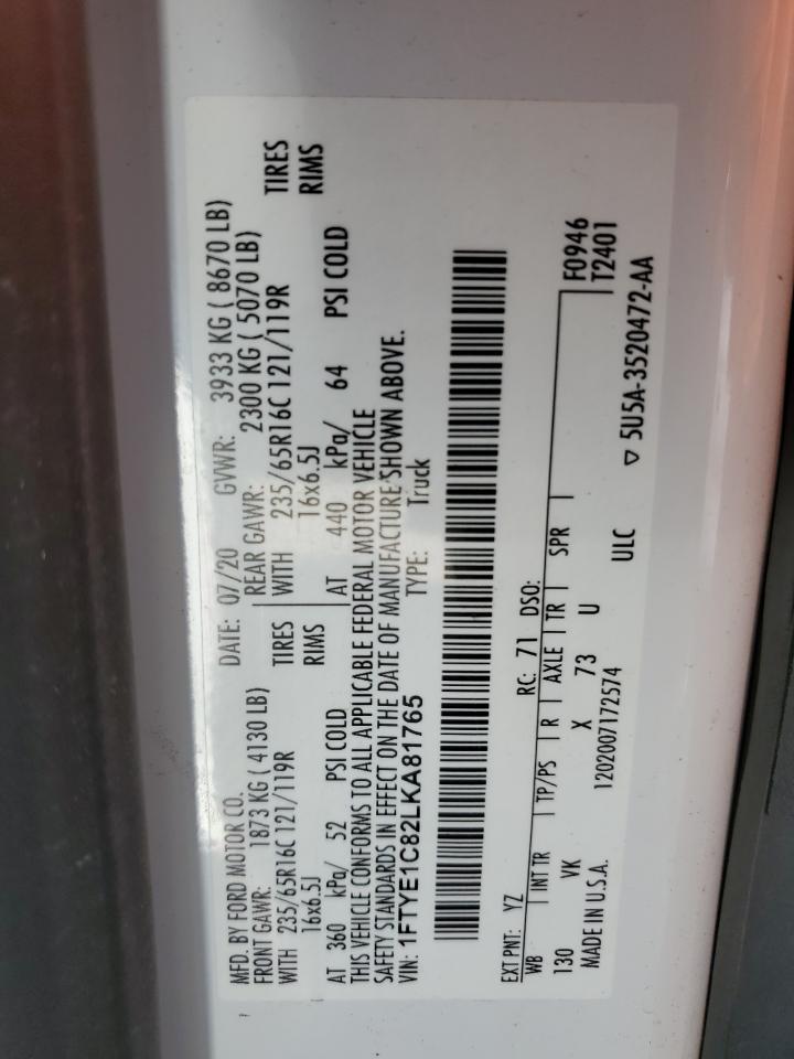 2020 Ford Transit T-150 VIN: 1FTYE1C82LKA81765 Lot: 84609935