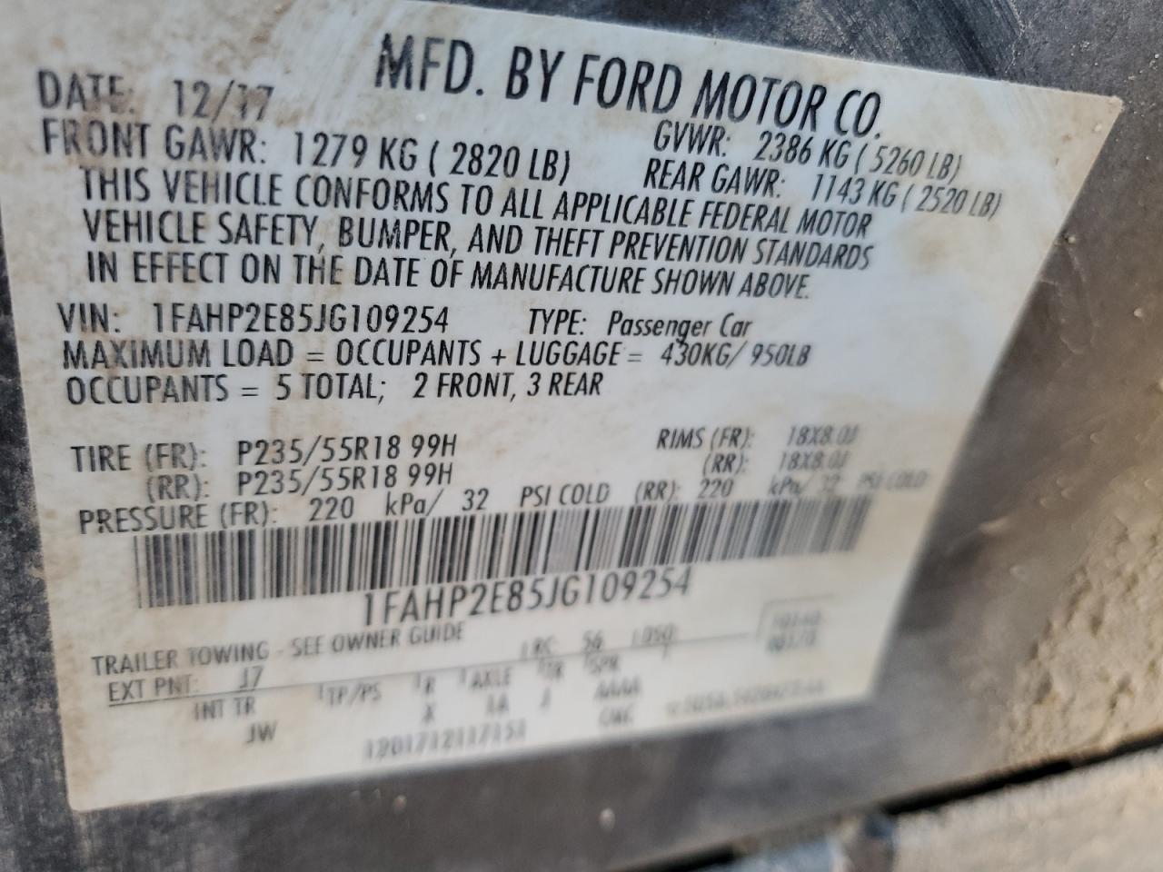 2018 Ford Taurus Sel VIN: 1FAHP2E85JG109254 Lot: 80292425