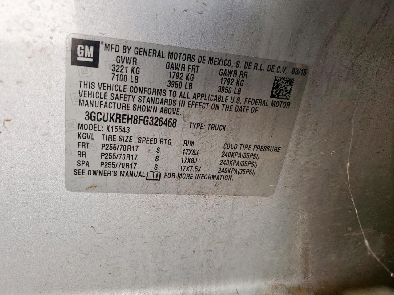 2015 Chevrolet Silverado K1500 Lt VIN: 3GCUKREH8FG326468 Lot: 71819295