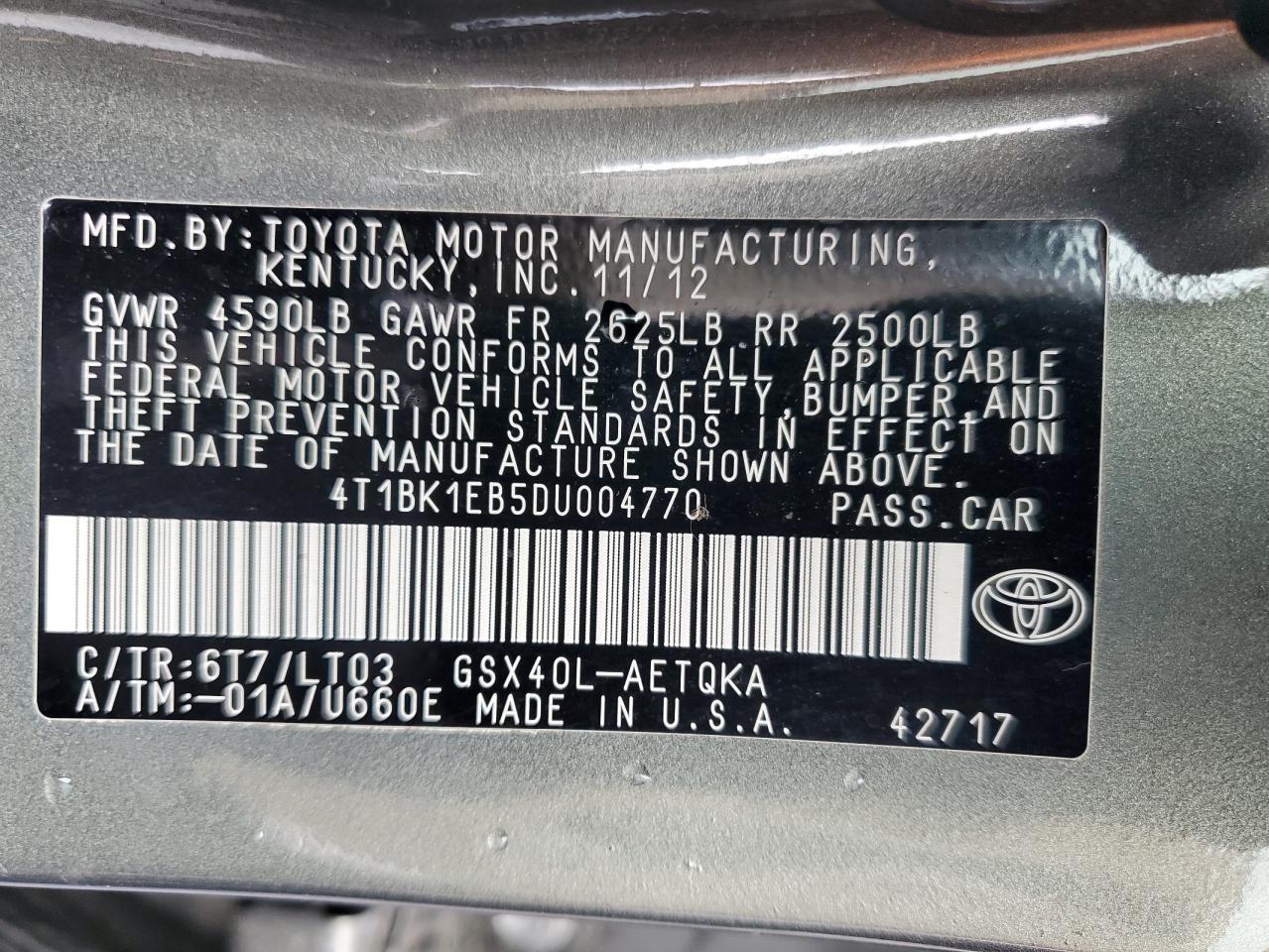 2013 Toyota Avalon Base VIN: 4T1BK1EB5DU004770 Lot: 81816275