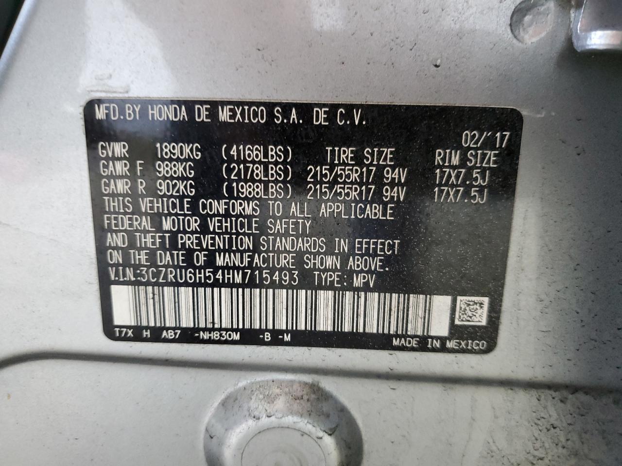 2017 Honda Hr-V Ex VIN: 3CZRU6H54HM715493 Lot: 80152705