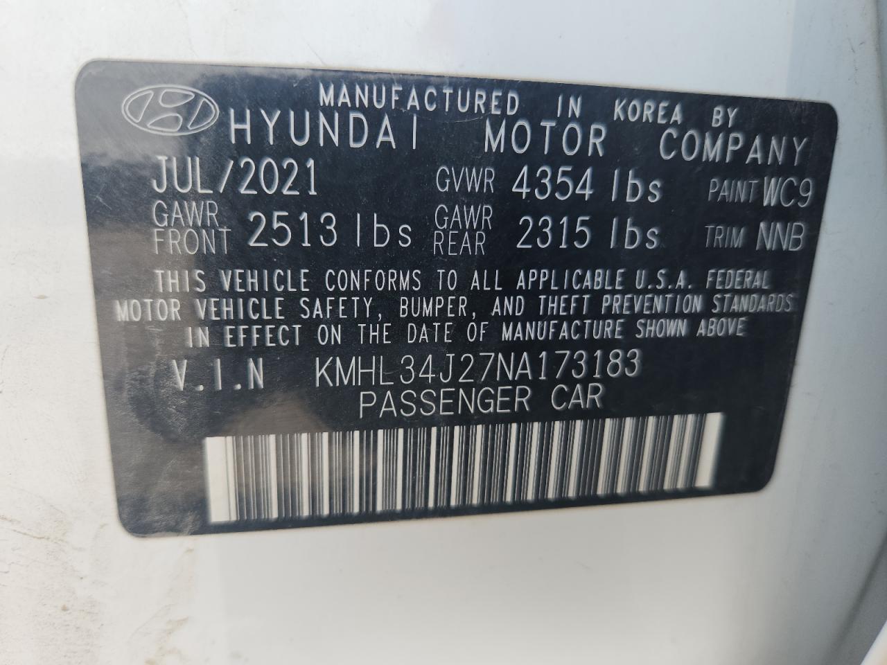 2022 Hyundai Sonata Limited VIN: KMHL34J27NA173183 Lot: 80309345