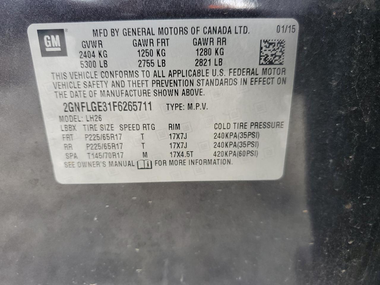 2015 Chevrolet Equinox Lt VIN: 2GNFLGE31F6265711 Lot: 81654255