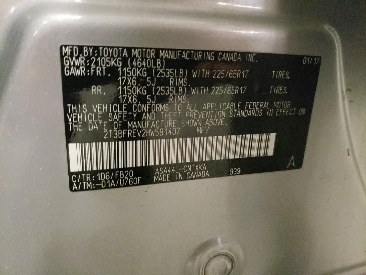 2017 Toyota Rav4 Le VIN: 2T3BFREV2HW591407 Lot: 81788895