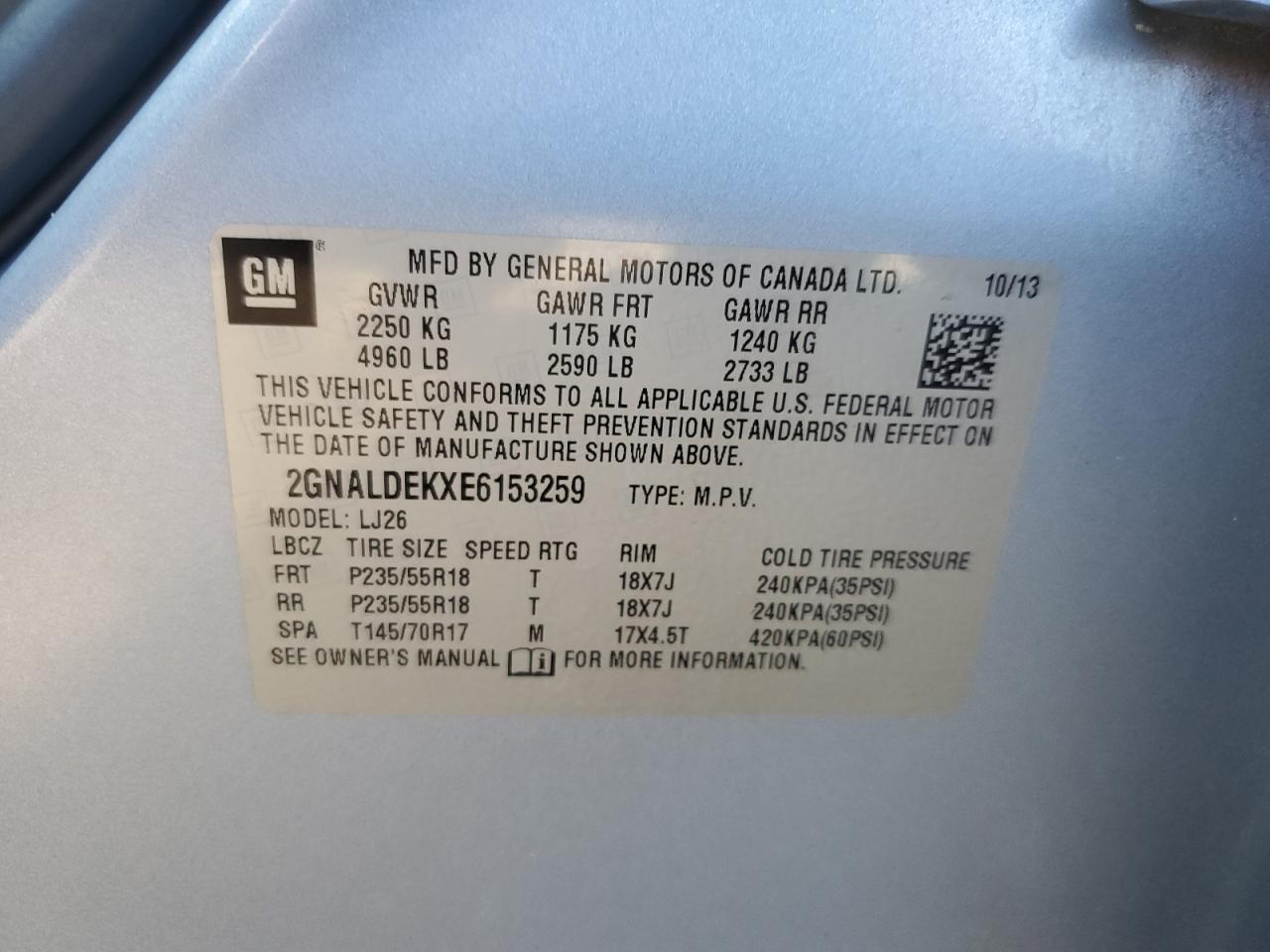 2014 Chevrolet Equinox Ltz VIN: 2GNALDEKXE6153259 Lot: 80048755