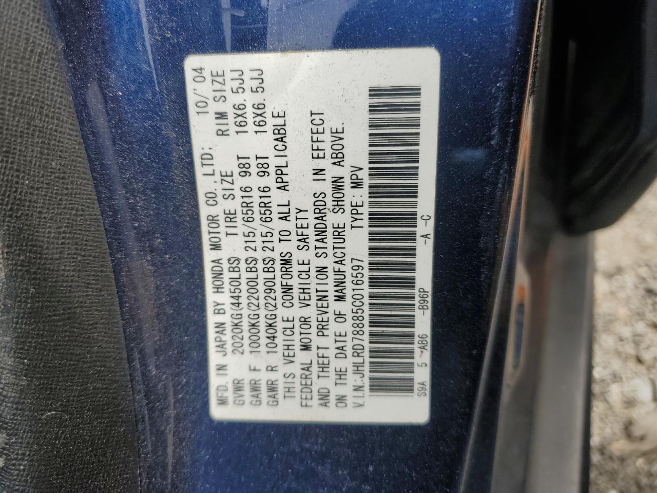 2005 Honda Cr-V VIN: JHLRD78885C016597 Lot: 80141445