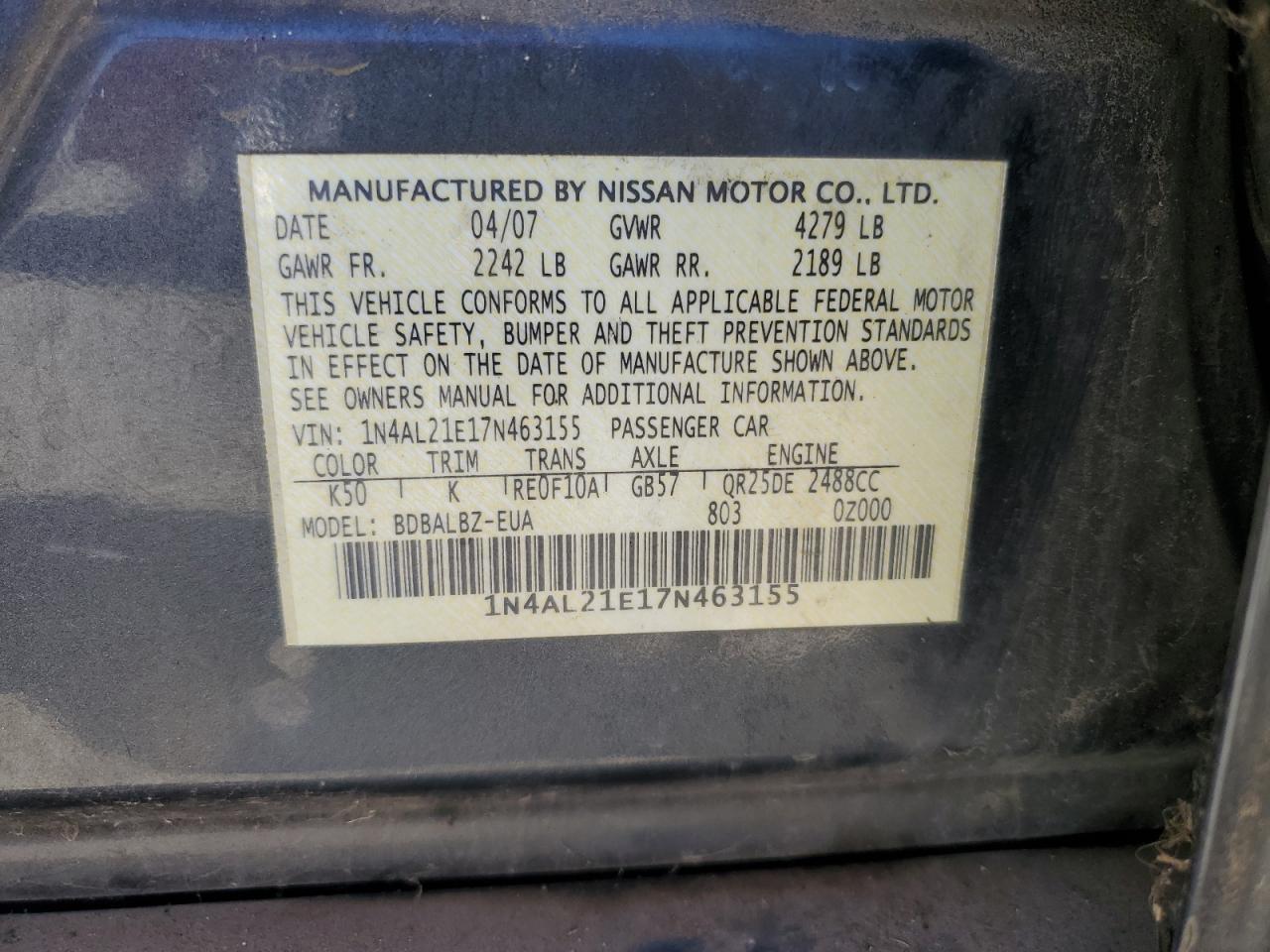 2007 Nissan Altima 2.5 VIN: 1N4AL21E17N463155 Lot: 82173265