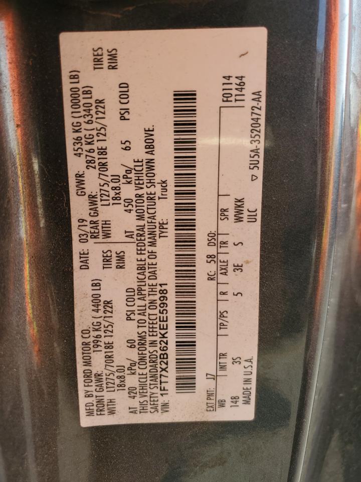 2019 Ford F250 Super Duty VIN: 1FT7X2B62KEE59981 Lot: 71079335