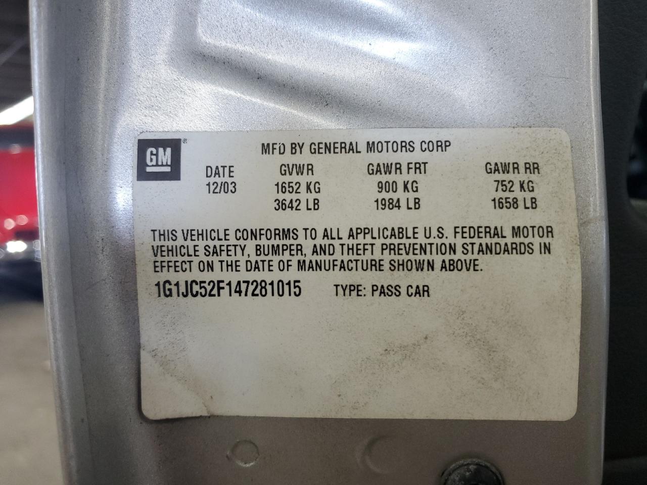 2004 Chevrolet Cavalier VIN: 1G1JC52F147281015 Lot: 71106475