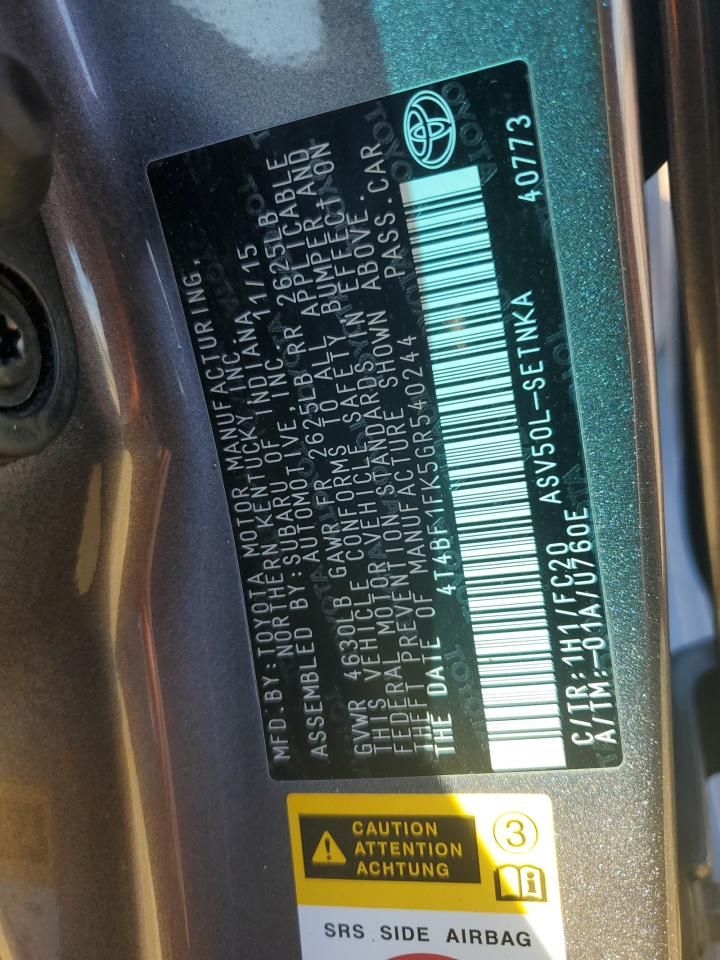 2016 Toyota Camry Le VIN: 4T4BF1FK5GR540244 Lot: 84454165