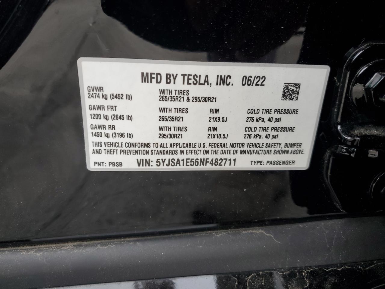 2022 Tesla Model S VIN: 5YJSA1E56NF482711 Lot: 83991555