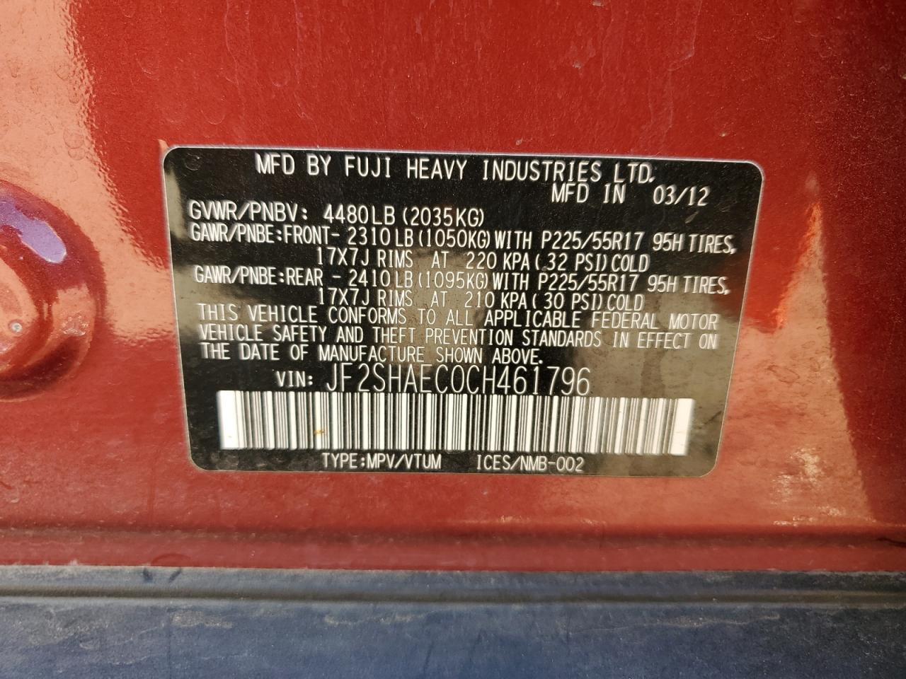 2012 Subaru Forester Limited VIN: JF2SHAEC0CH461796 Lot: 84271275