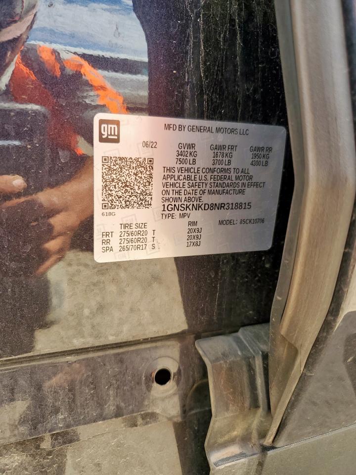 2022 Chevrolet Tahoe K1500 Lt VIN: 1GNSKNKD8NR318815 Lot: 80898475