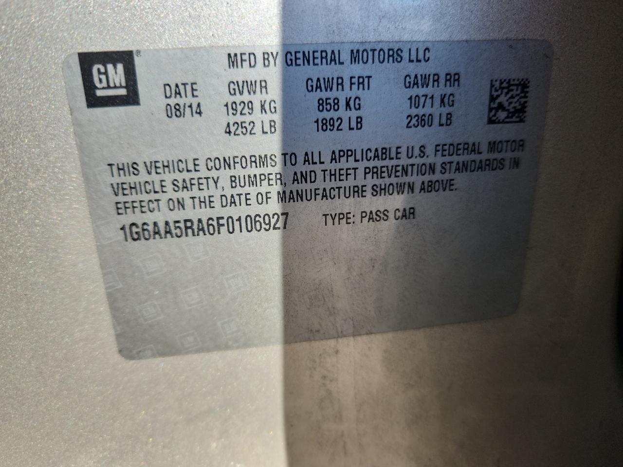 2015 Cadillac Ats VIN: 1G6AA5RA6F0106927 Lot: 82109555