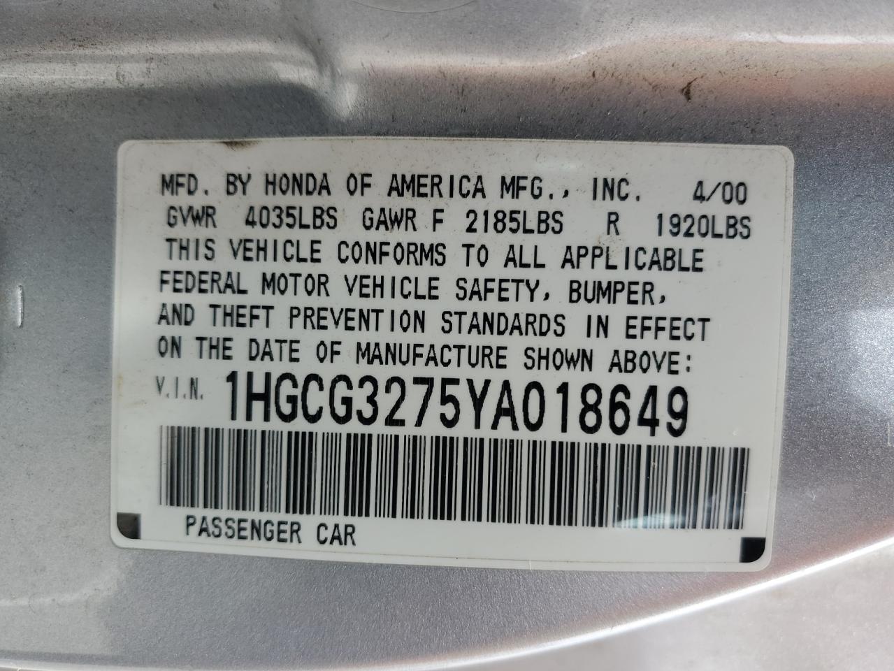 2000 Honda Accord Ex VIN: 1HGCG3275YA018649 Lot: 84037625