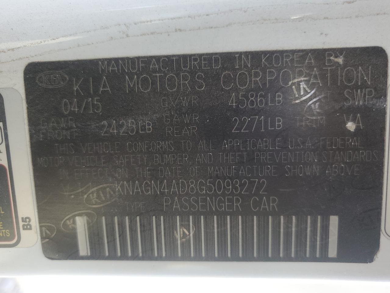 2016 Kia Optima Hybrid VIN: KNAGN4AD8G5093272 Lot: 72000765