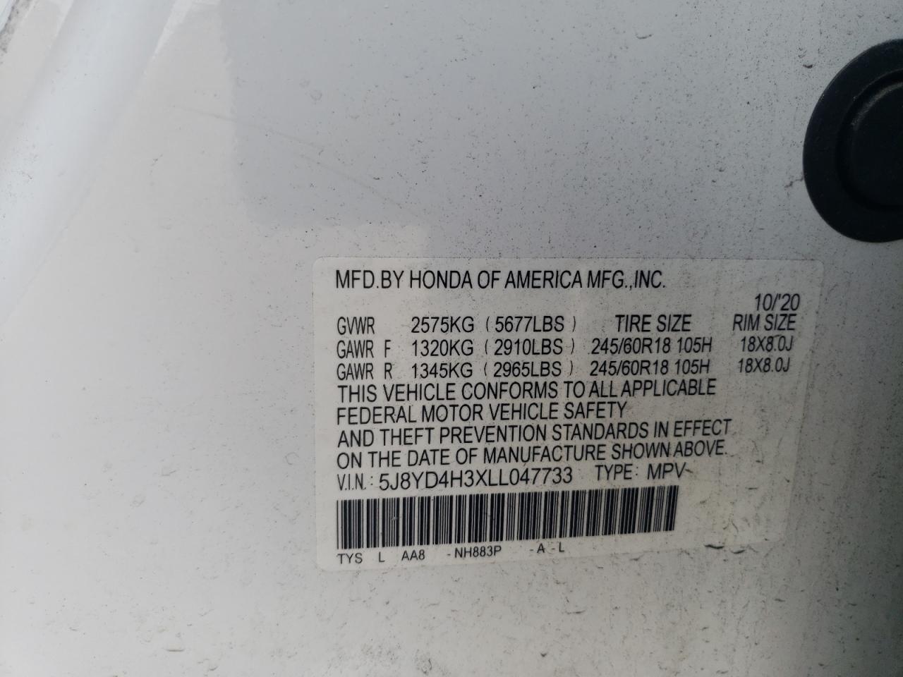 2020 Acura Mdx VIN: 5J8YD4H3XLL047733 Lot: 81670015