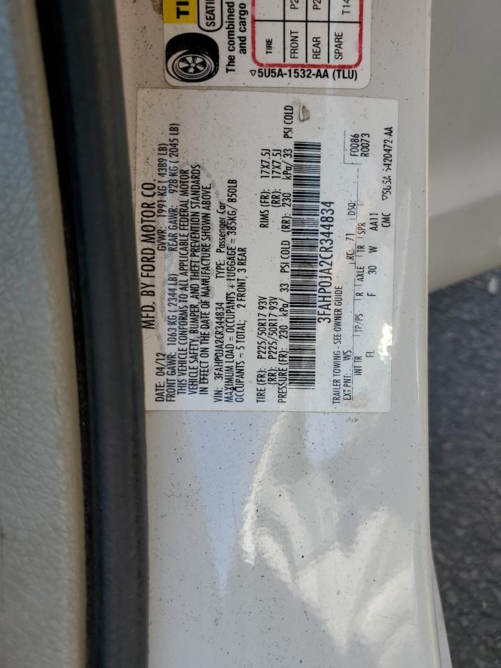 2012 Ford Fusion Sel VIN: 3FAHP0JA2CR344834 Lot: 81054655