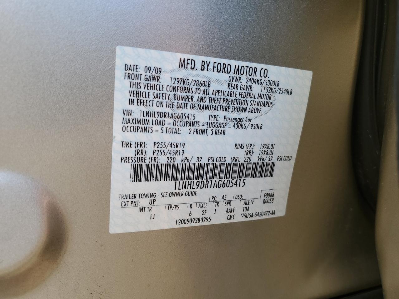 2010 Lincoln Mks VIN: 1LNHL9DR1AG605415 Lot: 81888485